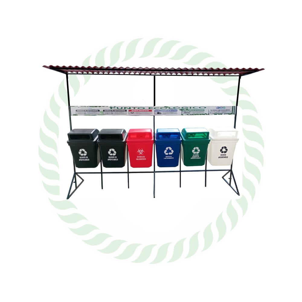 Punto ecológico con techo en teja plástica de 100 Lts. de 6 puestos