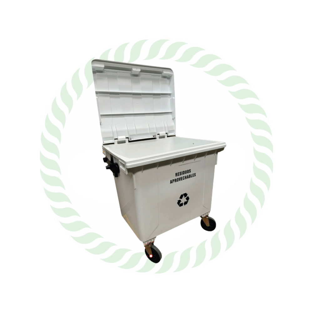 Contenedor de 1100 litros con ruedas en color blanco.